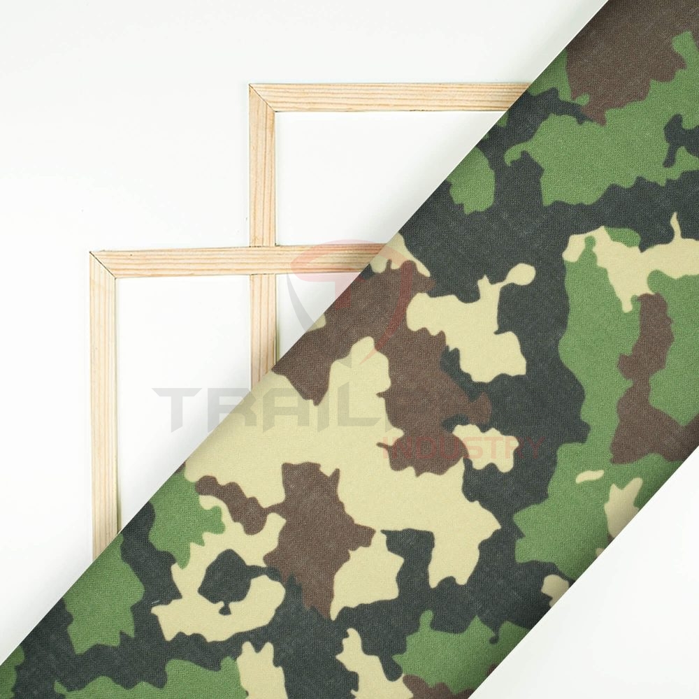 Army Green And Sepia Beige Camouflage Digital Print Linen Textured Fabric