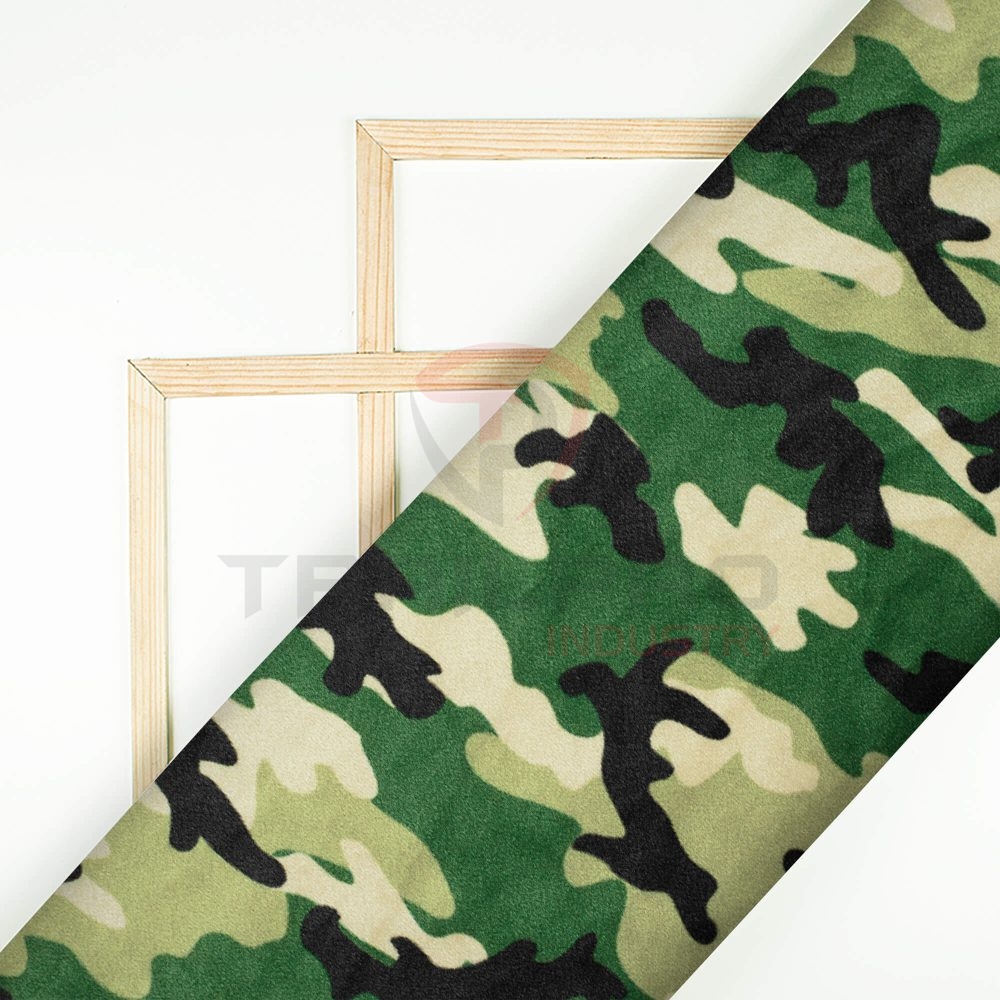 Army Green And Cream Camouflage Digital Print Velvet Fabric