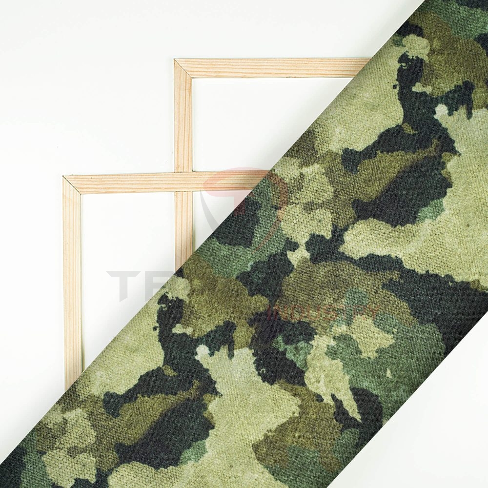 Army Green And Black Camouflage Digital Print Linen Textured Fabric